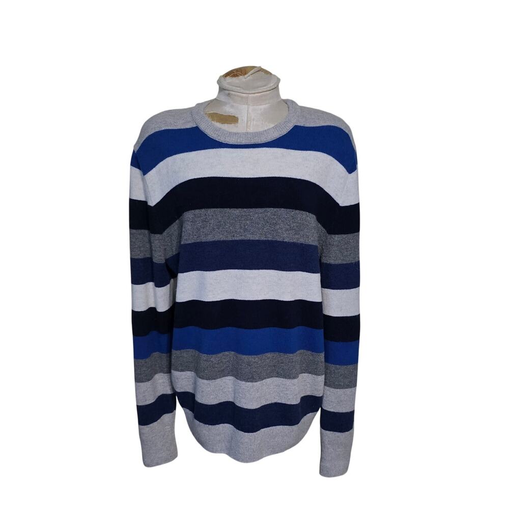 Gap Striped crewneck knit sweater in blue, gray, navy, wool blend medium mens